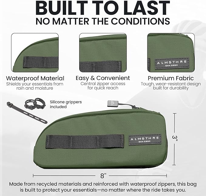 ALMSTHRE Top Tube Bag 8'' x 2'' x 3'' | Waterproof, Secure & Stable – Universal Bike Storage with Versatile Mounting – Fits Essentials | Adventure-Ready Cycling Gear