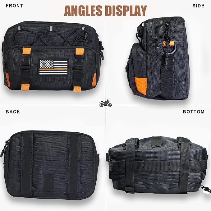 Universal Black Motorcycle Handlebar Bag - Water-resistant American Flag 1680D Tool Bag for Motorbike, Cruiser, Softail, Dyna, Sportsters, Dirt Bike, ATV