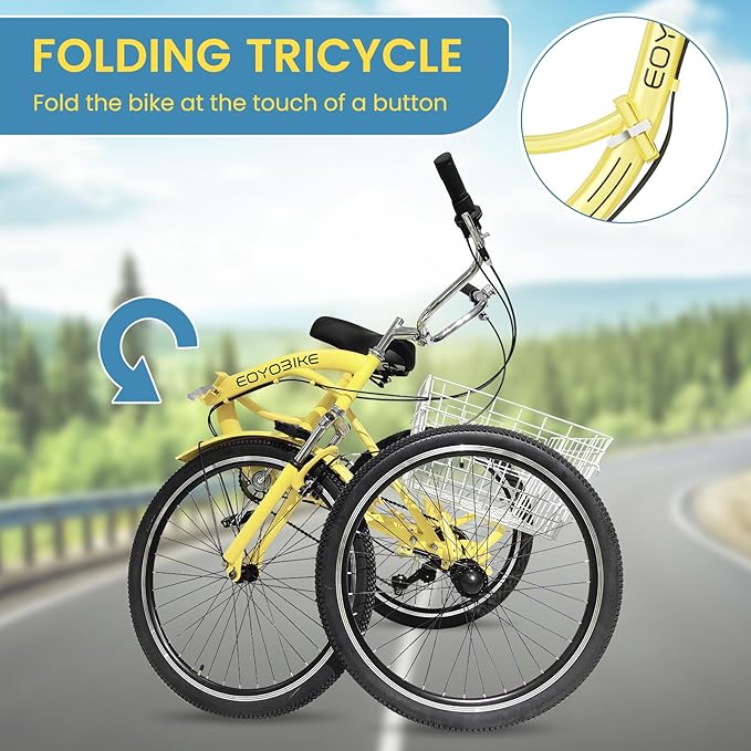 NAIZEA Folding Adult Tricycle - 7 Speed 20/24/26 Inch Folding Tricycle for Adult, 3 Wheel Bike, Foldable Trike with Large Basket/Low-Step Through for Men Women Senior