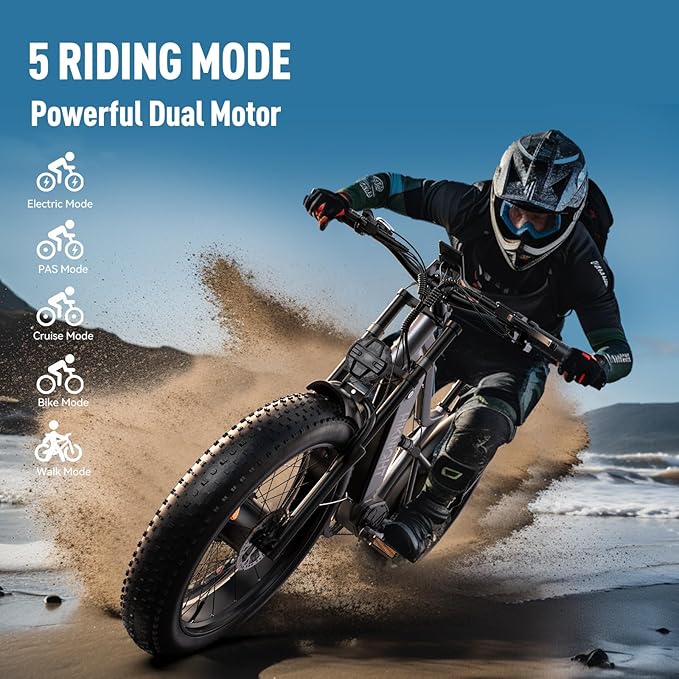 Dual Motor Electric Bike Peak 3000W, 52V 20AH Battery E Bike for Adults 26 Inch Fat Tire Mountain Electric Bicycle 38 MPH, Full Suspension Dual Hydraulic Disc Brake, Up to 90 Miles Range