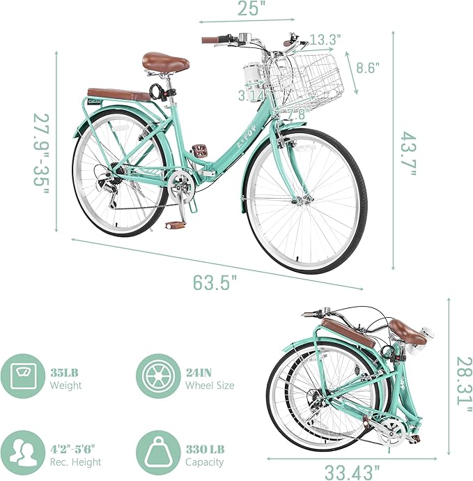 24/26 Inch Foldable Beach Cruiser Bike for Womens, 7 Speed Womens Bike with Basket and Coffee Cup, Commuting Bicycles for Women, Lightweight Complete Cruiser Bikes Bicycle for Ladies Adults