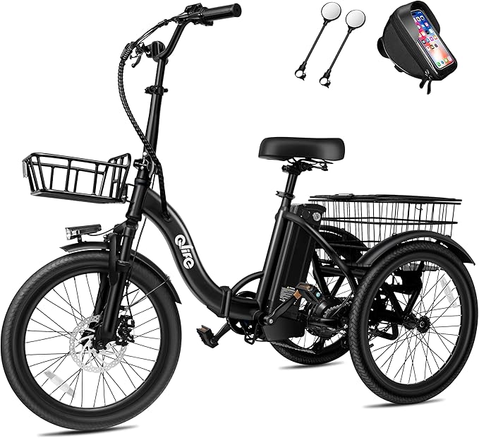 Qlife Triker Electric Bike, Peak 750W/1200W Brushless Motor Folding Trike Ebike, 499Wh Removable Battery, Step-Thru 3 Wheel Electric Bicycle, Up to 55 Miles, 20 Tire Tricycle for Adults