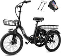Qlife Triker Electric Bike, Peak 750W/1200W Brushless Motor Folding Trike Ebike, 499Wh Removable Battery, Step-Thru 3 Wheel Electric Bicycle, Up to 55 Miles, 20 Tire Tricycle for Adults