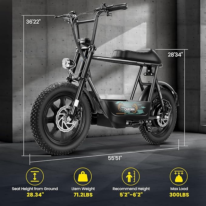 Caroma Peak 1200W/1000W/800W/500W Electric Scooter with Seat,16"/20" Fat Tire Ebike All-Terrain,Max 30Miles&20MPH Electric Scooter Adults,Electric Motorcycle Adults with Storage Basket for Cargo&Pets