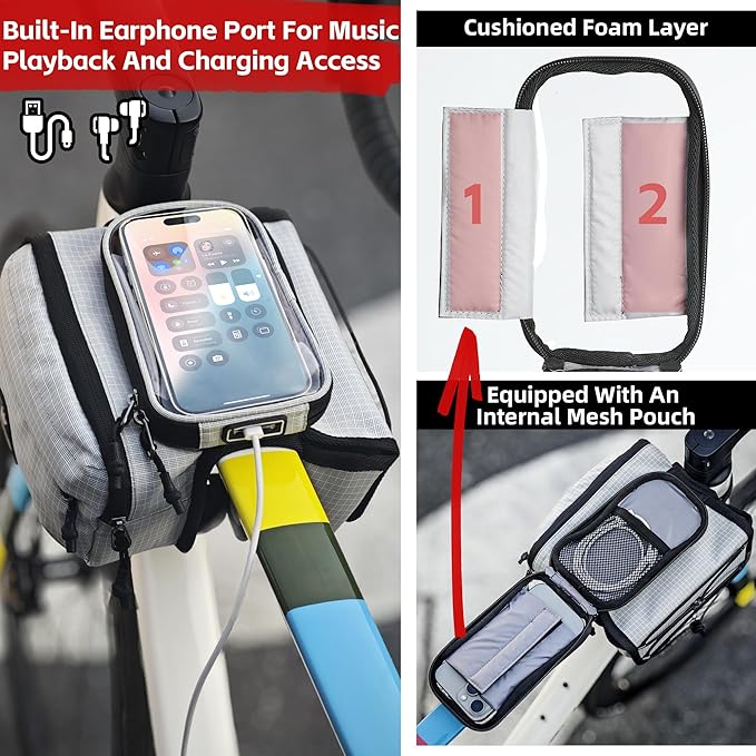 Rhinowalk Bike Front Frame Bag Bicycle Top Tube Frame Storage Waterproof Bicycle Handlebar Bag Fit Smartphone Professional Cycling Accessories-White