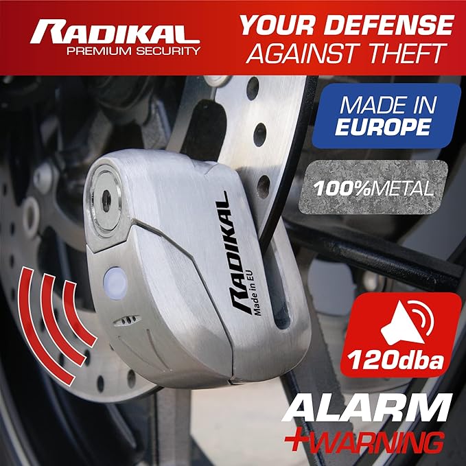 RADIKAL RK9Z Disc Lock with Premum Alarm 120db ON/OFF, LED Night Alert, Warning Pre-Alarm, 100% Waterproof, Full Metal Heavy Duty Brake Lock Universal Anti Theft Device for Motorcycle, E-Bike, Bicycle