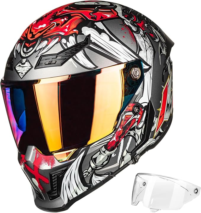 ILM Motorcycle Helmets for Adult Men Women Full Face DOT ECE Powersports Dual Visor Street Racing Helmet with Pinlock Cascos para Motos Model MF509 (Ronin Red, L)