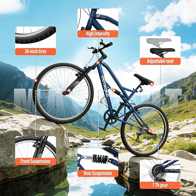 26 inch 7-Speed Commuter Bicycle,Hybrid Bicycle,Men's Cruiser Bike/Mountain Bike V Brake,Metal Frame, Adult Bike (Black, White, Blue, Green, Purple, Pink)