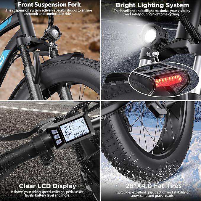 Electric Bike for Adults, 1000W Peak Ebike, 25MPH 60Miles Electric Mountain Bike, 26" Fat Tire Electric Bicycle with 48V 13AH Battery, Front Suspension,7 Speed, Rear Rack, UL 2849 Certified