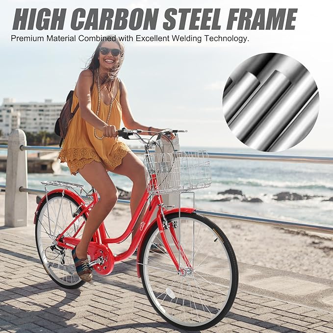 Ktaxon Women Bike 24/26 Inch Bicycles for Women, Beach Cruiser Bike with Premium Derailleur & Shift Lever, Adjustable Seat, High-Carbon Steel Frame and Excellent Welding Technology | Premium Derailleur, Shift Lever, Adjustable Seat
