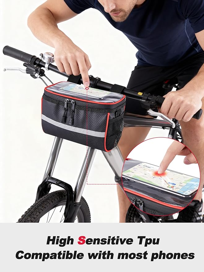 Bike/Bicycle phone handlebar front frame bag,Secured Bike Front Basket with closure Touch Screen Phone Holder