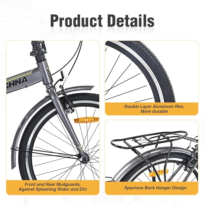 24 inch Folding Bike Single Speed V Brake City Commuter Bicycle with Mudguard for Men Women Daily Commuting