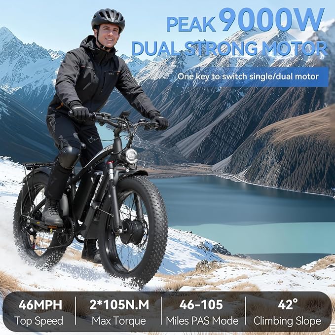 9000W-Peak 52V 34Ah 1768Wh Battery Dual-Motor-Ebike for Adults, 42-46MPH 105 Miles Range Fast-Ebike-Dual-Motor-Electric-Bike,24"*4.0" Men Fat-Tire-Electric-Bicycle Lockable Suspension