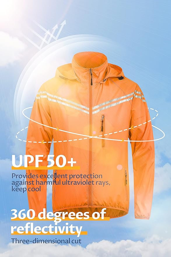 CREATMO US Men's Packable Waterproof Running Rain Coats Reflective Cycling Jacket Windbreaker With Removable Hood