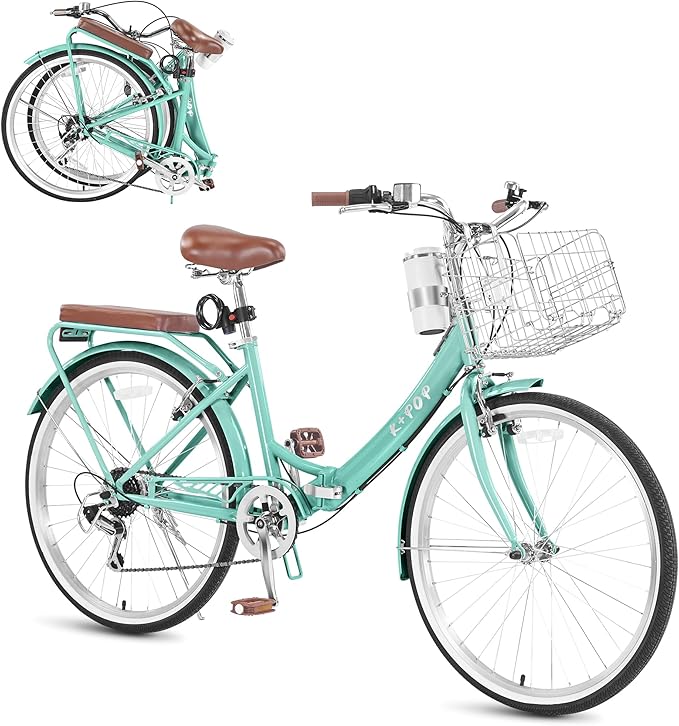 24/26 Inch Foldable Beach Cruiser Bike for Womens, 7 Speed Womens Bike with Basket and Coffee Cup, Commuting Bicycles for Women, Lightweight Complete Cruiser Bikes Bicycle for Ladies Adults