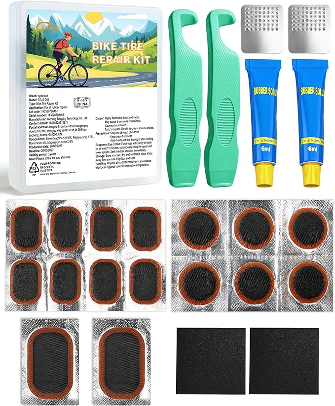 Bike Tire Repair Kit, Bicycle Tire Repair Kit with High Strength Bike Tire Levers, Bike Tire Patch and Tire Repair Glue.