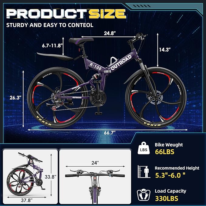 26 ich Folding Mountain Bike, 21 Speed High Carbon Steel Mountain Bike for Adults with 26 Inches Durable Tires, Front Suspension Folding Bicycle for Women and Man | 26 ich, High Carbon Steel, Durable Tires, Front Suspension, Folding Bicycle