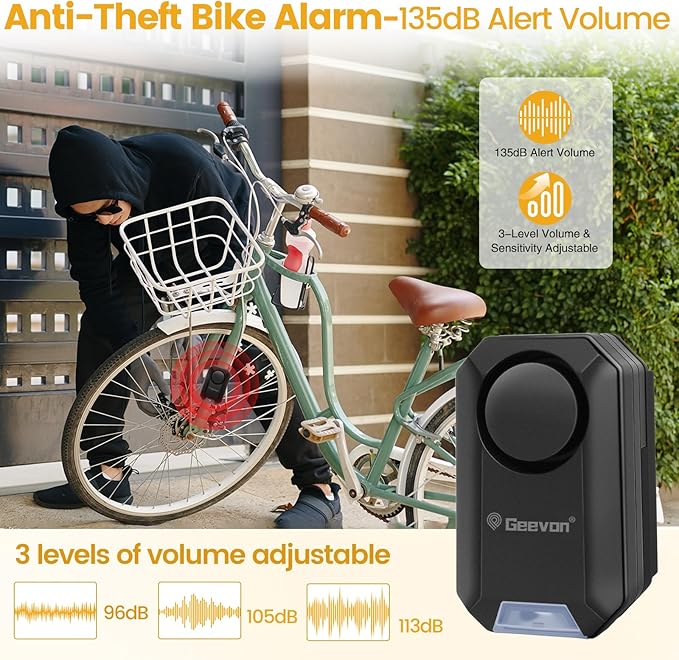 Geevon Bike Alarms for Ebikes, Wireless Bike Alarm with Remote, 135dB Anti-Theft Bicycle Motorcycle Alarm Wireless Security Sensor Alarms, IPX5 Waterproof