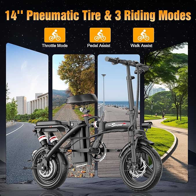 Electric Bike for Adults Teens, 800/1200W Peak Folding Ebike, 22/25MPH & 30/45 Miles Range, 14" Commuting Ebike with Dual Suspension & Dual Brake, 3-Speed Modes, Portable Electric Mini Bike