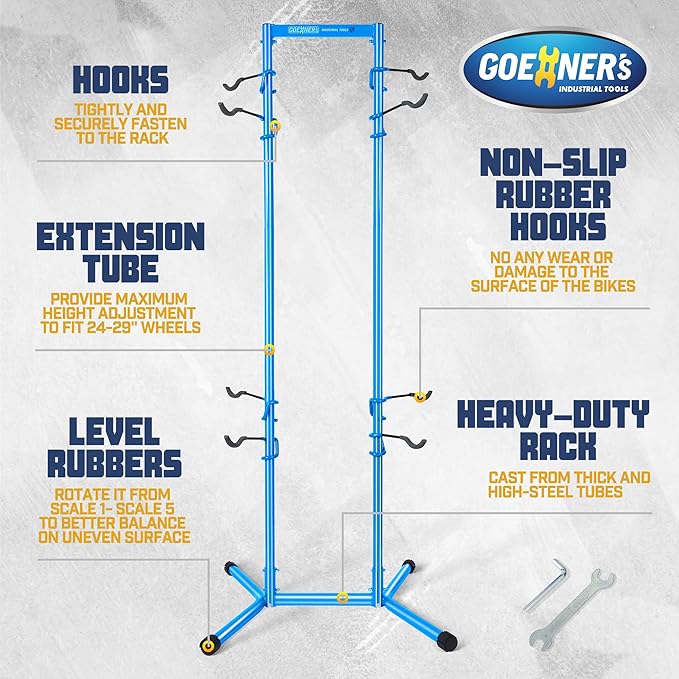 GOEHNER's 4 Bike Storage Rack Garage (Max. 240LBS), 4 Bicycle Indoor Standing Bike Rack, Height Adjustable for Road Mountain Bicycles