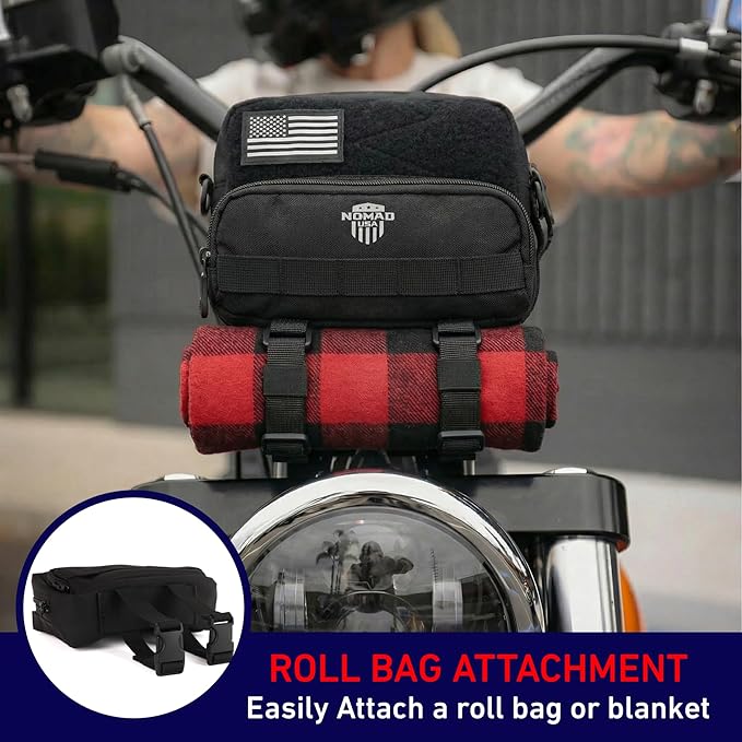 Nomad Motorcycle Handlebar Bag Universal Fit Bike Fork Bag Converts to Shoulder Carry Bag, Keys/Phone/Wallet Storage Tool Pouch w/Roll Bag Straps for Cruisers, Dirt Bike, Street Sportsbike (Black)