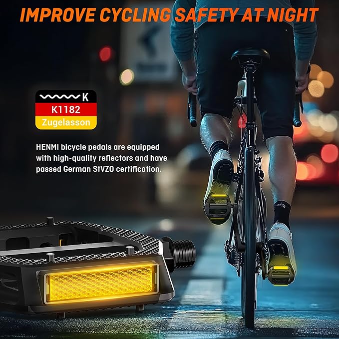 HENMI Bike Pedals,Fits Most Adult Bikes,9/16" Bicycle Pedals with Reflective Strips, Bike Pedal Replacement,Fits Most Adult Road EBike MTB Bicycles for Men and Women（HMBP-D03）