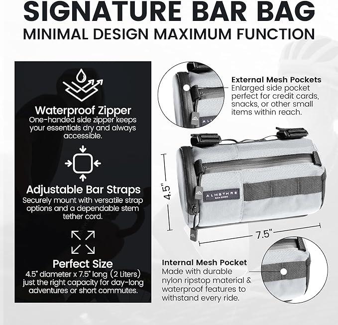 ALMSTHRE Signature Bar Bag – Sterling Silver | Hard-Shell Bike Handlebar Bag with Waterproof Zippers & Adjustable Straps | Lightweight Bicycle Handlebar Bag, Compatible with Road, Gravel & MTB Bikes