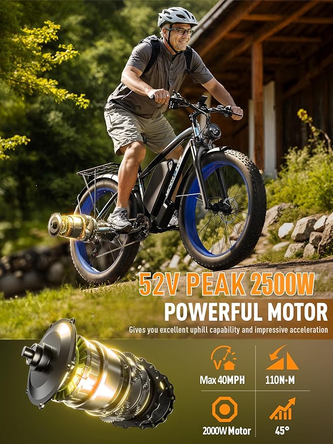 Ebike for Adults Electric, 52V 19.2Ah/32Ah, Peak 2000W/2500W E-Bike, 36/40MPH, 70 Miles/100Miles, Hydraulic Disc Brake, Off Road Snow Mountain E-Bike, 24"/26" Fat Tire Electric Bicycle UL2849 by SGS