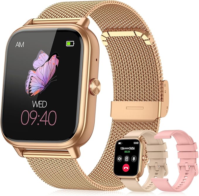 Smart Watch for Women Men- 1000mAh Battery Answer/Make Call, Fitness Step Tracker Watch with Sleep Monitor/Activity Counter/110+ Sport Mode for Andriod iPhone iOS Compatible - 3 Straps, Golden