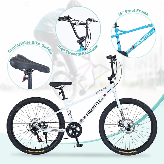 Freestyle Teen Bike Double Disc Brakes 26 inch BMX Bike High-Aluminum/Carbon Steel Frame, for for Teen Bike and Adult Bikes, with 2 Pegs, Bicycles for Men and Women, Multiple Colors