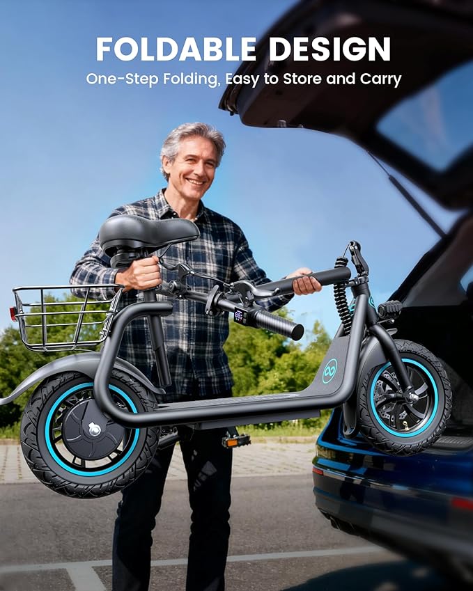 C1 Electric Scooter with Seat for Adults, 450W Motor, 20-Mile Range, 16 MPH, Foldable Commuter E-Scooter with Basket for Grocery, Pets, and Daily Commute– Carbon Black