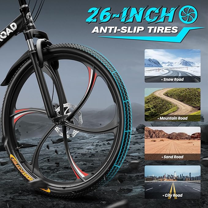 Betterland 26 Inch Adult Folding Mountain Bike, 21 Speeds Full Suspension Foldable Bikes, Dual Disc Brake, High Carbon Steel Frame Bicycle for Men Women