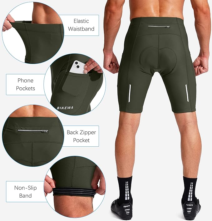 Bikewa Men's Bike Shorts 3D Padded Cycling Road Biking Mountain Riding Biker Bicycle UPF 50+ Cycle Shorts Zipper Pockets