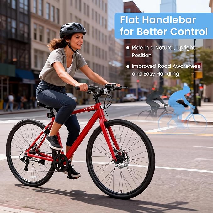 700C Hybrid Bike for Adults, Lightweight Aluminum City Commuter Bicycle, 8-Speed Urban Fitness Bike for Men & Women, Dual Disc Brakes, Upright Handlebar, LED Headlight & Reflectors
