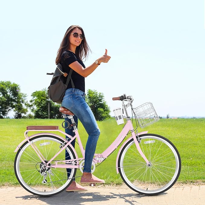 24/26 Inch Foldable Beach Cruiser Bike for Womens, 7 Speed Womens Bike with Basket and Coffee Cup, Commuting Bicycles for Women, Lightweight Complete Cruiser Bikes Bicycle for Ladies Adults