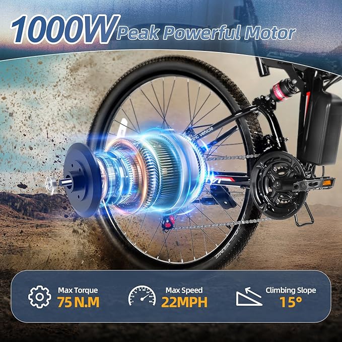 Vivi M026TGB Electric Bike 26" Electric Bike for Adults, Peak 750W Folding Electric Mountain Bike, 48V Removable Battery Ebike, 21 Speed Ebike, Top 22 Mph, Up to 50 Miles, SGS Certified to UL2849