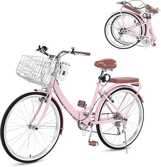 24/26 Inch Beach Cruiser Bike for Women Folding Bikes, 7-Speed Womens Bike with Basket and Coffee Cup, Womens Foldable Bicycle Commuter Bikes for Adults, Adjustable Seat & Dual V-Type Brakes