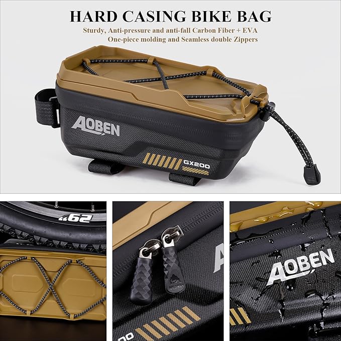 Aoben Bike Bicycle Phone Front Frame Bag for Mountain Bike Road Bike, EVA Hard Casing Bike Phone Holder Bike Phone Mount for MTB, Bike Bicycle Accessories for Cell Phone Under 6.8 Inches (Tan)