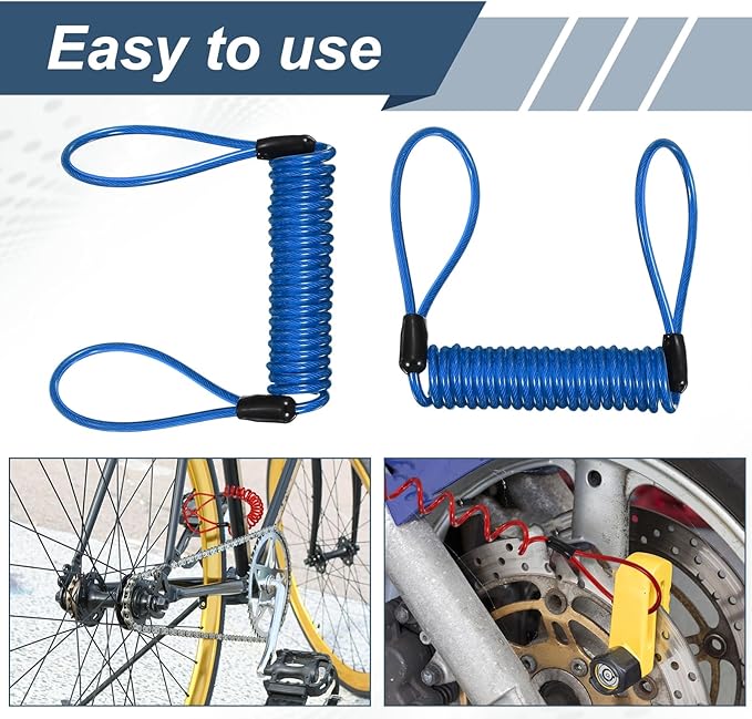 2-Pack Disc Lock Security Steel Cable, 59inch/1500mm PVC Coated Spring Reminder Wire Anti-Theft Rope for Outdoors Protection/Bicycle U-Lock, Motorcycle Reminder Cable [Blue]