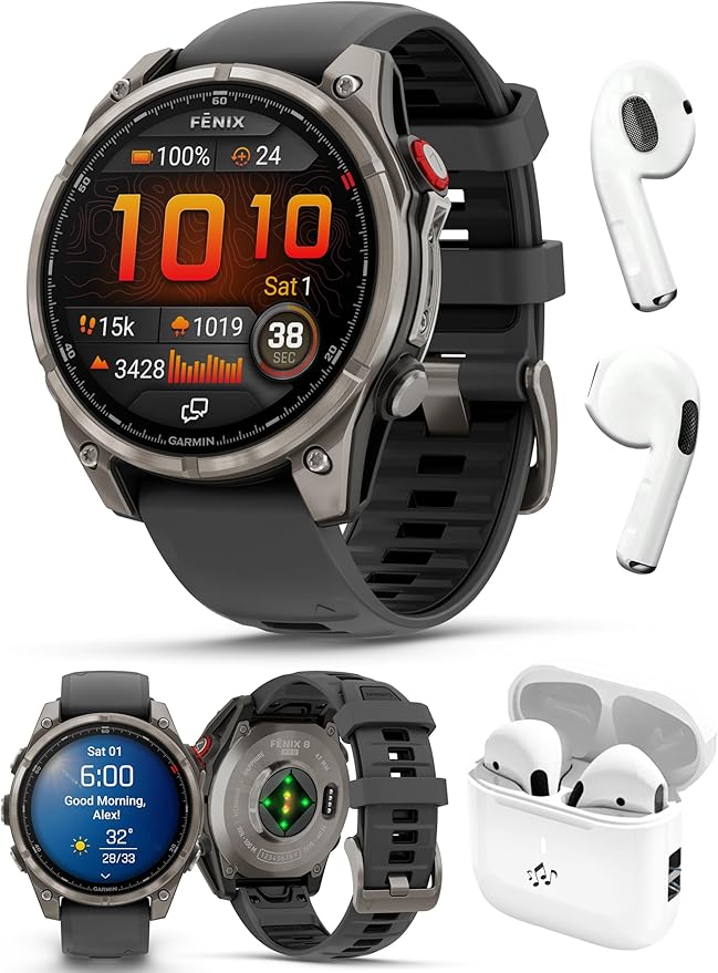 PlayBetter Garmin Fenix 8 Pro AMOLED Sapphire (47mm, Titanium/Graphite) Multisport GPS Smartwatch Bundle - 1.4” Touchscreen, inReach Technology Wireless Running Earbuds