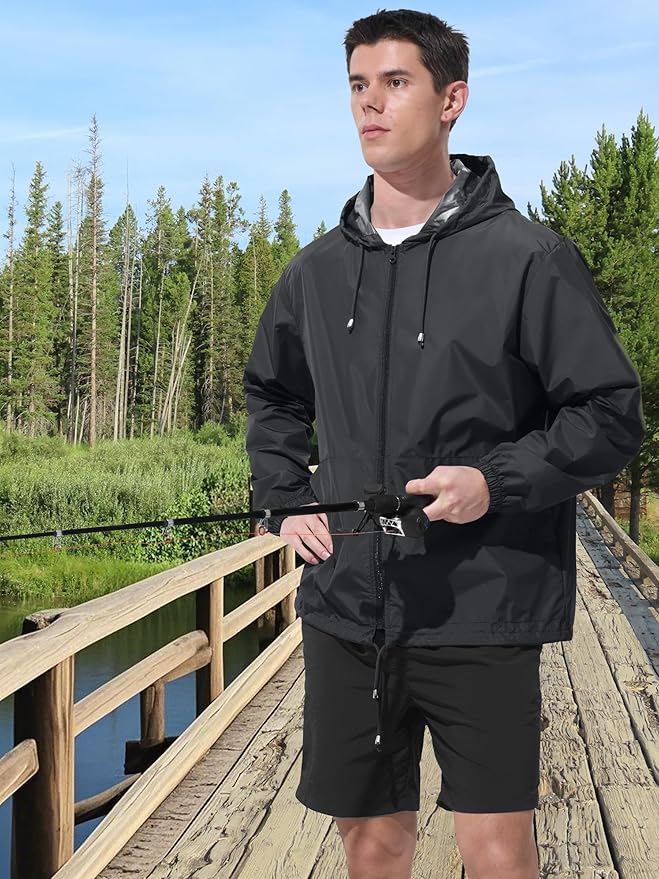 Mens Rain Jacket Raincoat Windbreaker Running Waterproof Lightweight Packable with Hood Travel Hiking Cycling