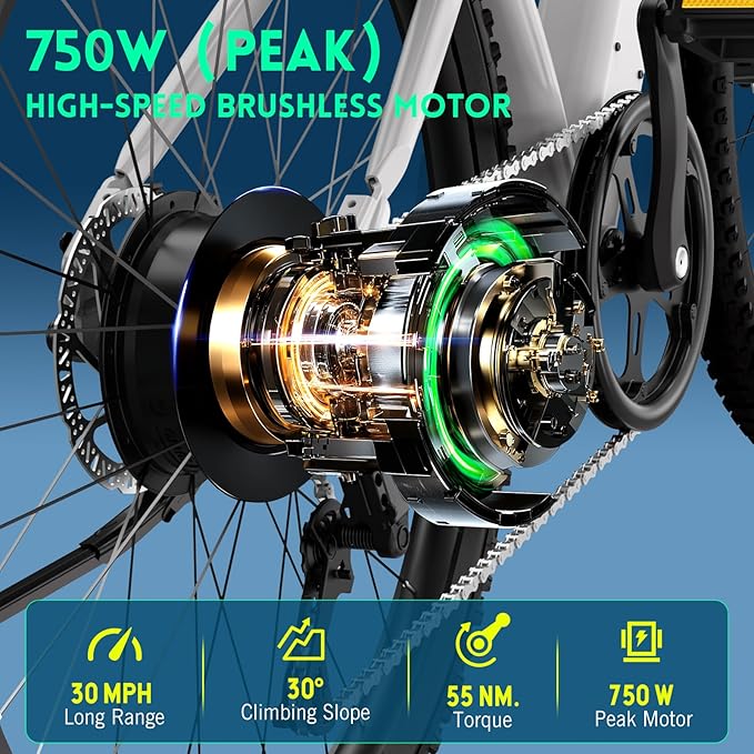 TST Electric Bike for Adults, 750 Peak Motor Ebike with 36V/7.8Ah Battery, up to 40 Miles Range 25 MPH Electric Bicycle, 7 Speed, 26" E Bike for Commute