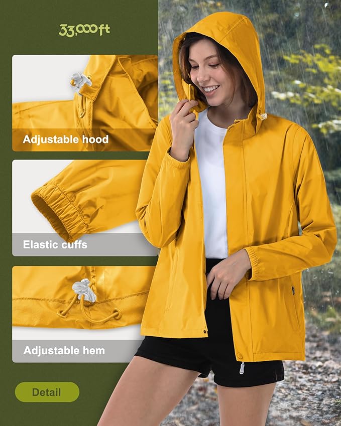 33,000ft Women's Rain Jacket Waterproof Lightweight Packable Raincoat with Hood for Golf Hiking Travel Windbreaker