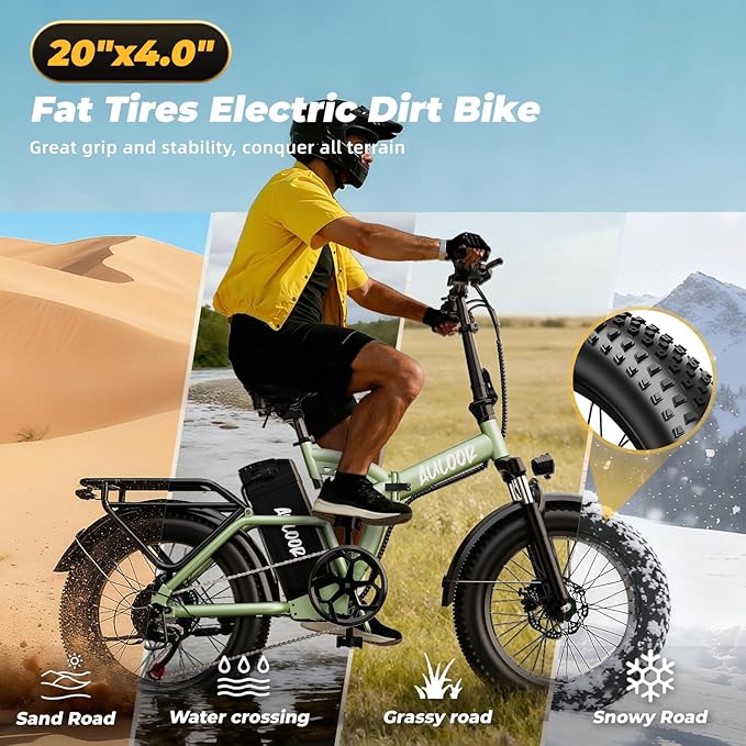 Foldable Electric Bike for Adults, 30+MPH, 48V 20Ah Removable Lithium Battery up to 80Miles, 20" Fat Tire 1000W Peak Motor Dirt Ebike Adult Electric Bicycle for Commute Beach Mountain E Bike