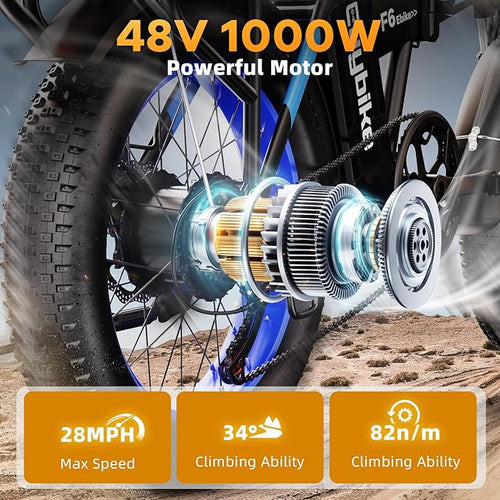 1000W Folding Electric Bike,48V 20AH Removable Battery E Bike,30+MPH,80 Miles Max Range Electric Bike for Adults,20" Fat Tire Foldable ebike,Adult Electric Bicycle for Commute Beach Snow
