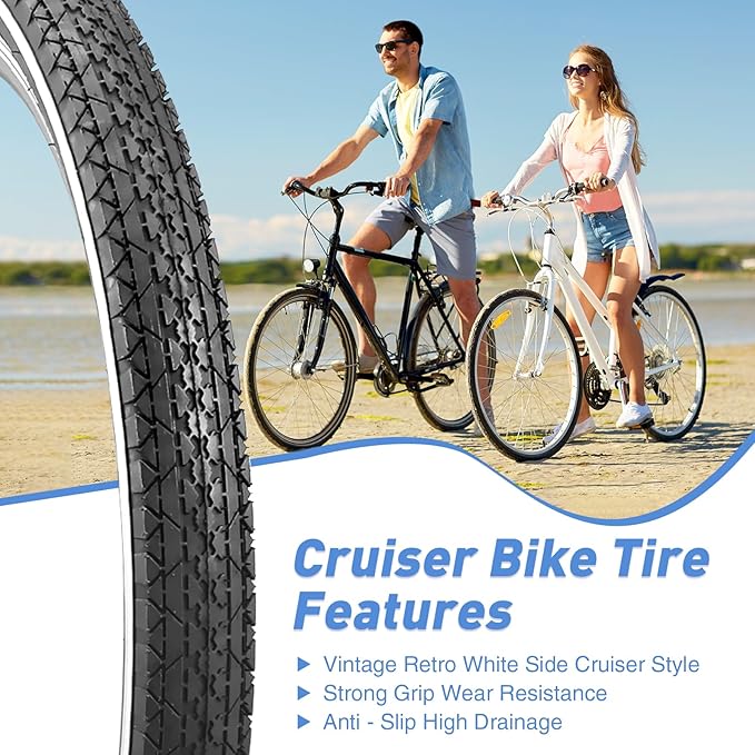 20"/24"/26" x 2.125" Folding Replacement Bike Tires for Beach Cruiser Bike，Bicycle Tires for Commuter Bikes，White Wall，1/2Tires & 1/2 Tubes & 2 Levers