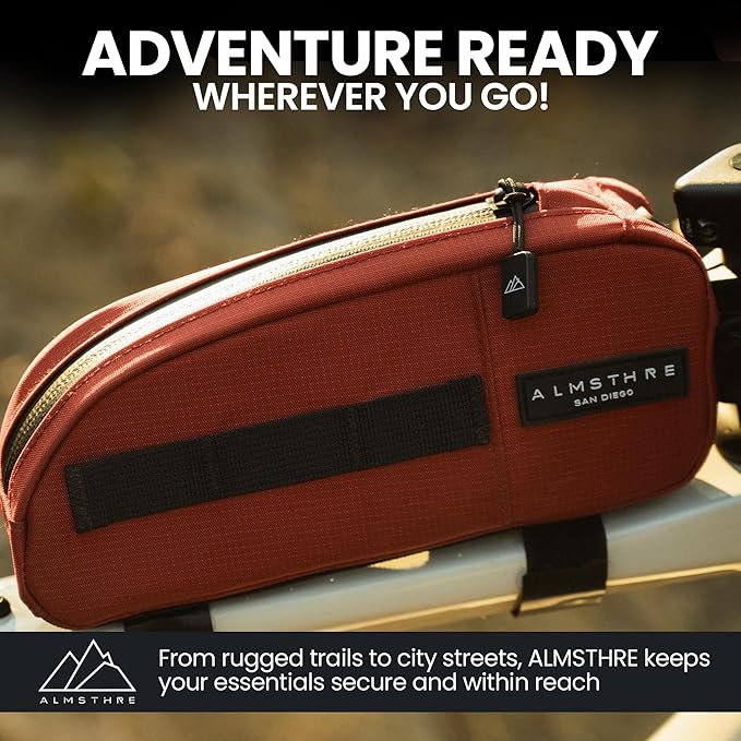 ALMSTHRE Top Tube Bag 8'' x 2'' x 3'' | Waterproof, Secure & Stable – Universal Bike Storage with Versatile Mounting – Fits Essentials | Adventure-Ready Cycling Gear