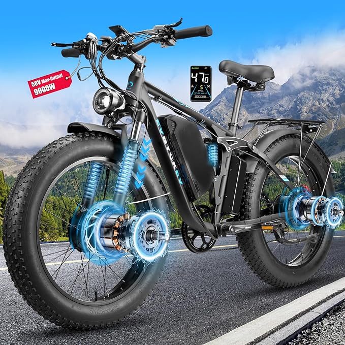 9000W Peak Electric Bike for Adults,58V Max-Output 1972Wh Dual Motor Ebike,47MPH 105Miles Range,24" x4.0 Fat Tire Hydraulic Disc Brake Full Suspension E-Bike for Mountain Snow Commuter