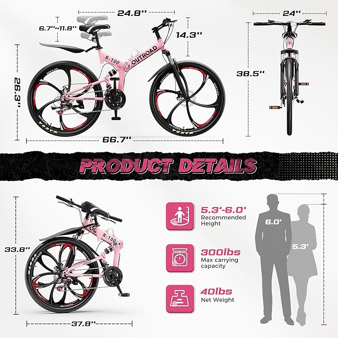 26 Inch Adult Folding Bikes/Mountain Bikes, 21 Speeds Mountain Bicycles with Full Suspension, Dual Disc Brake, High Carbon Steel Frame, Foldable Bike for Men/Women/Teen, Multiple Colors