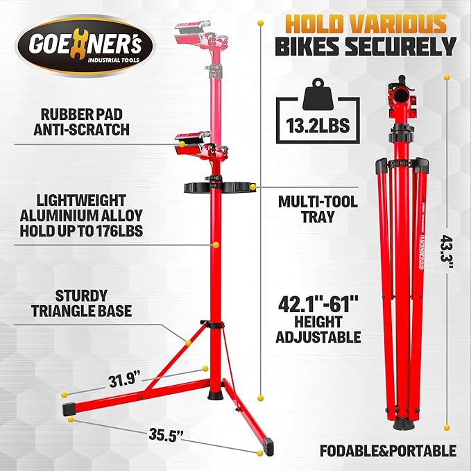 Professional Bike Repair Stand, 176 LBS Heavy Duty Portable Bicycle Mechanic Maintenance Workstand with Tool Tray, Steel & Aluminum Shop Home Adjustable Height Foldable Bike Work Stand for E Bike, MTB, RB